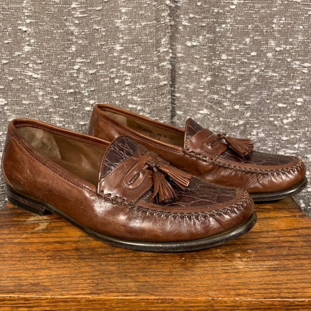 Johnston & Murphy Brown Tassel Loafers Alligator Embossed Leather Men's 9.5M